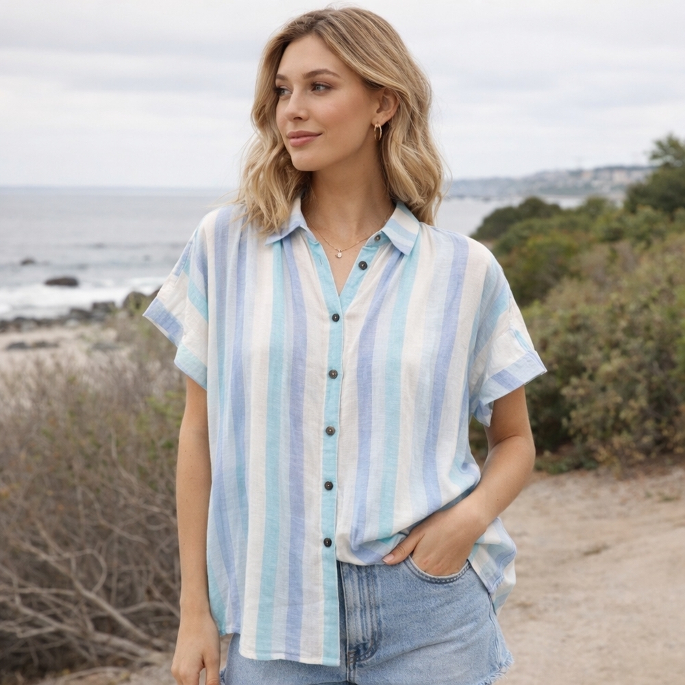 Vacate The Label Blue White Pastel Striped Short Sleeve Shirt Cotton Medium